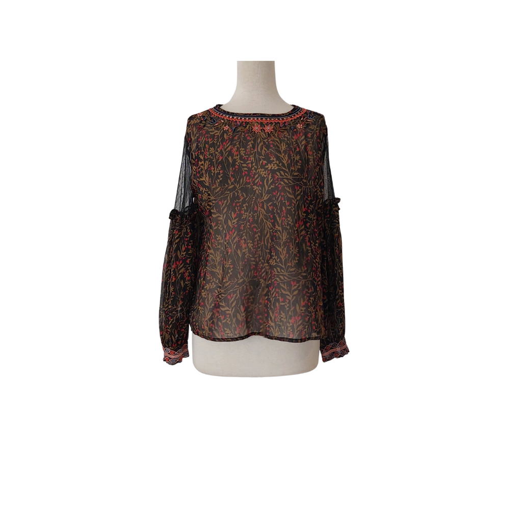 ZARA Black, Green and Red Printed Semi Sheer Blouse | Gently Used |