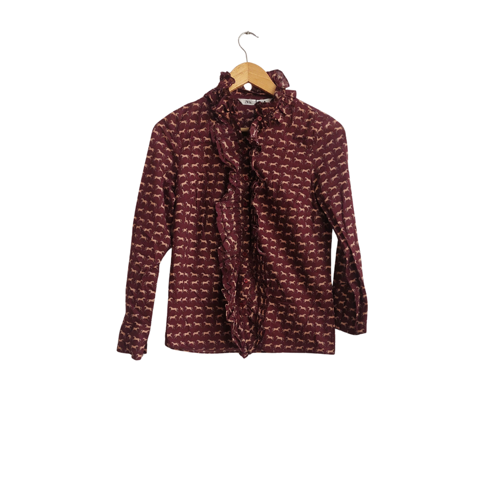 Zara Horse Print Button Down Frill Top | Brand New |