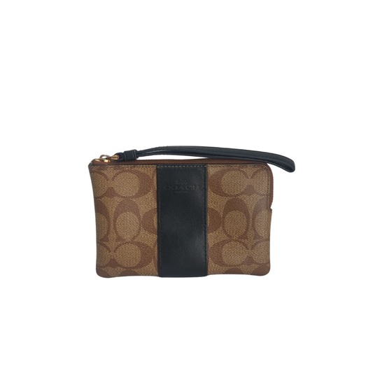 Coach Khaki And Black Signature Canvas Corner Zip Wristlet | Pre Loved |