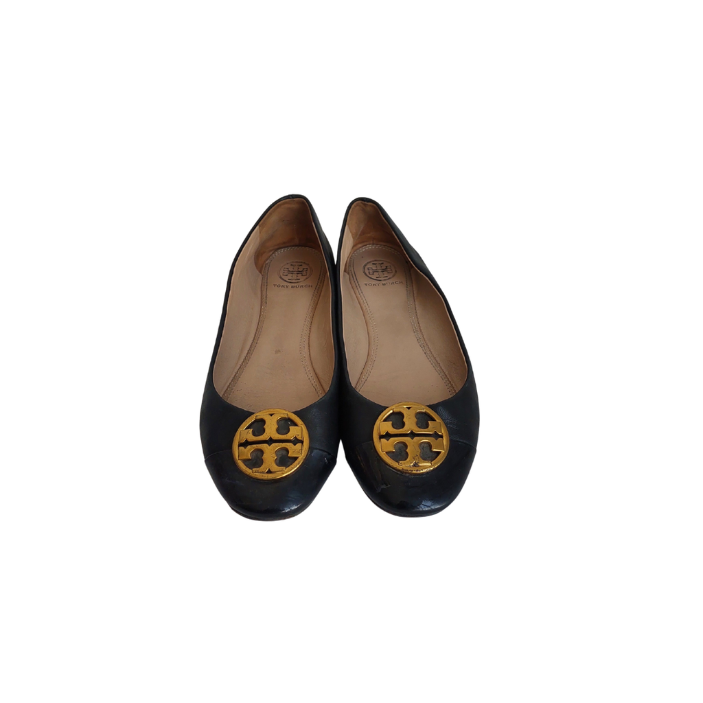 Tory Burch Black Leather Chelsea Cap-Toe Ballet Flats | Pre Loved |