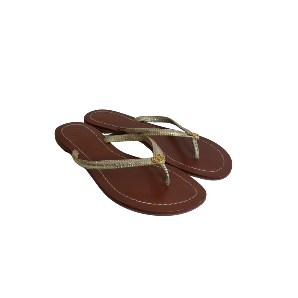 Tory Burch Gold Metallic Terra Vegan Leather Thong Flip Flops | Pre Loved |