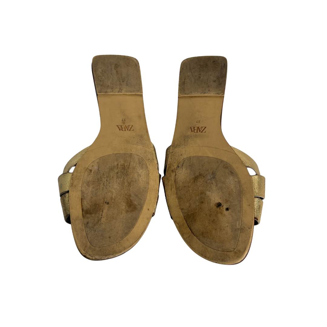 Zara Metallic Gold Leather Cross Strap Sandals | Pre Loved |