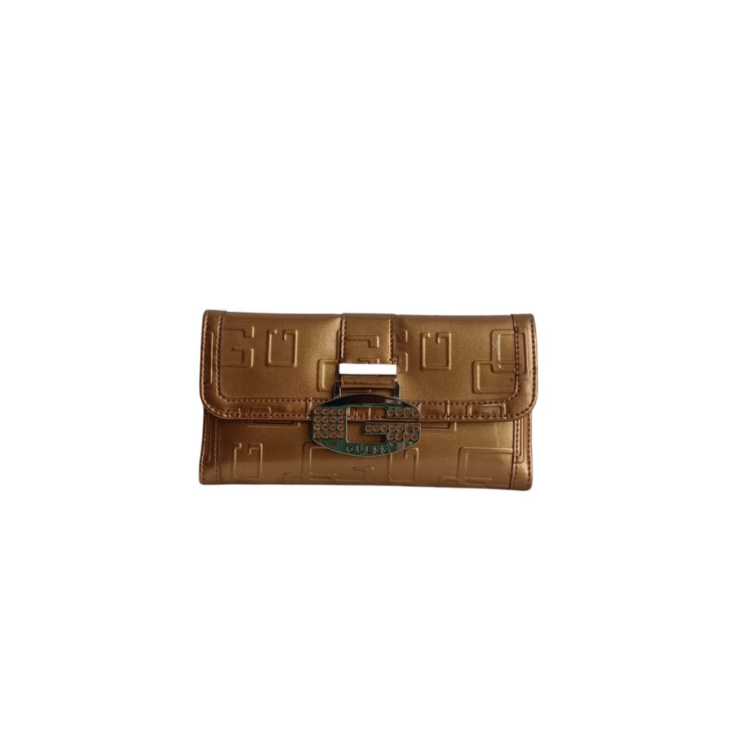 Guess Gold Patent Tri-Fold Monogram Wallet | Brand New |