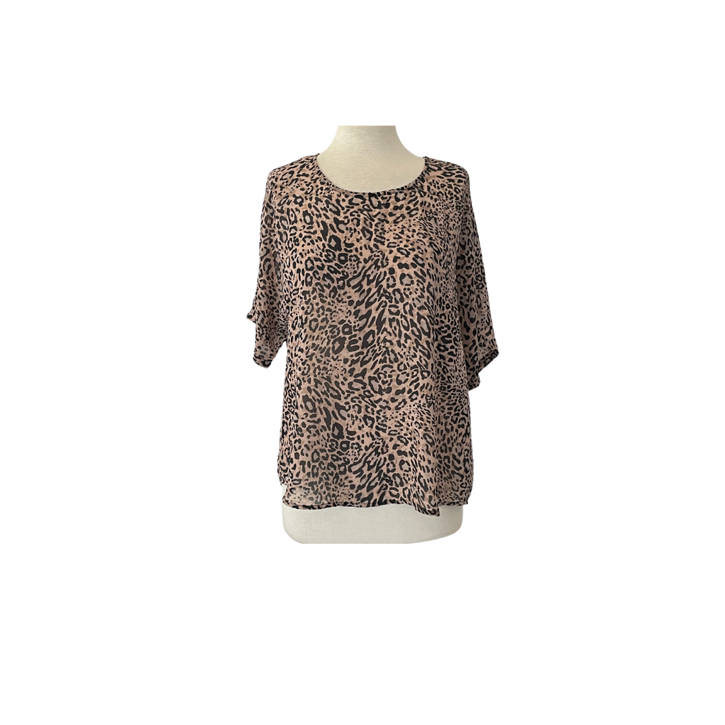 New Look Brown Cheetah-print Sheer Short-sleeves Top | Gently Used |