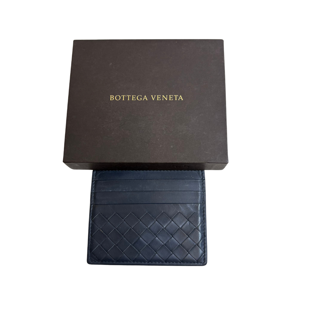 Bottega Veneta Intrecciato Navy Blue Card Holder | Pre Loved |