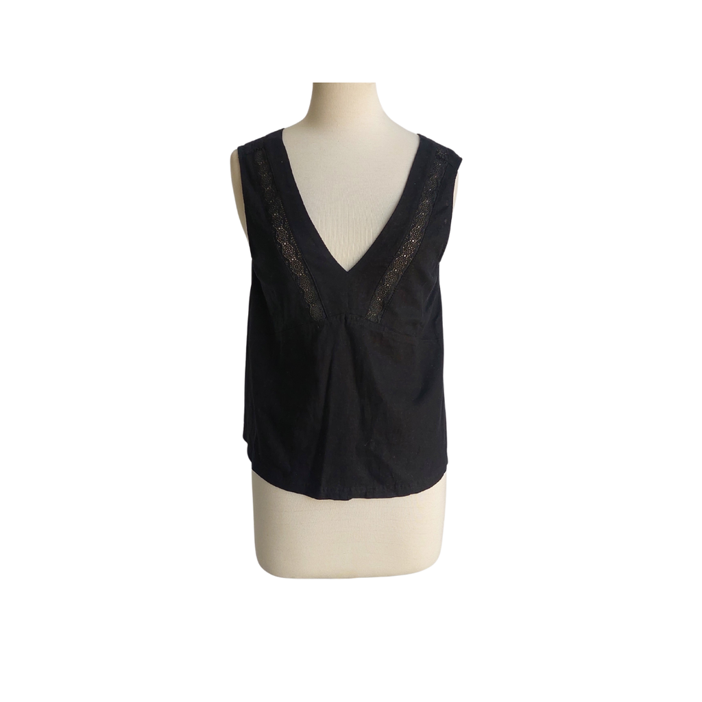 Marks & Spencer Black Sleeveless Linen Mix Lace Blouse | Brand New |