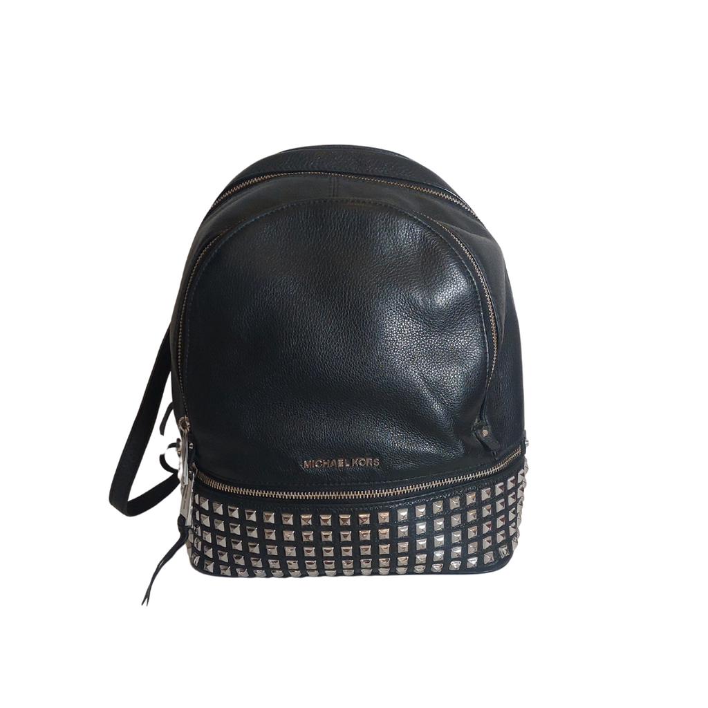 Michael Kors Black Pebbled Leather 'Rhea' Silver Studded Backpack | Pre Loved |