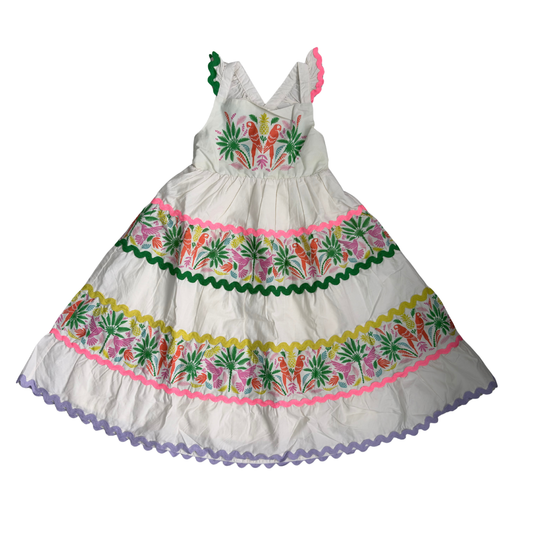 Mini Boden White Multi-Color Tiered Rainbow Palm Parrots Embroidered Sundress (4-5 Yrs) | Brand New |
