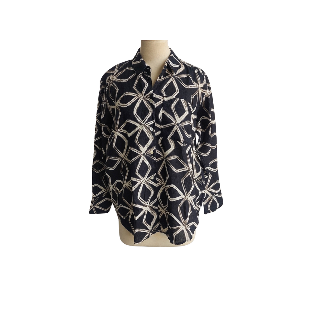 M&S Black Printed Pure Linen Collared Button Down Shirt | Like New |