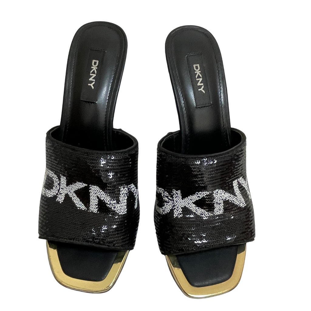 DKNY Black Logo Sequins Heeled Mules | Gently Used |