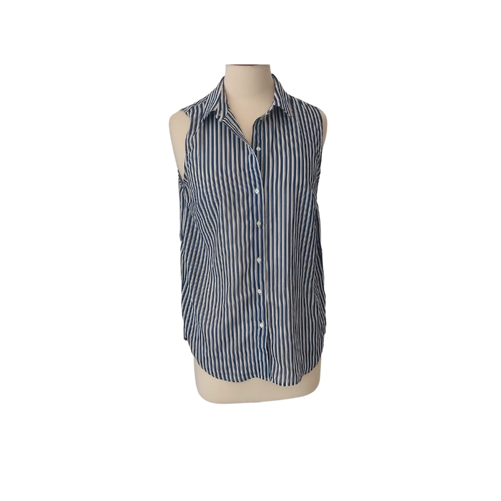 H&M Navy & White Striped Collared Sleeveless Semi-sheer shirt | Gently Used |
