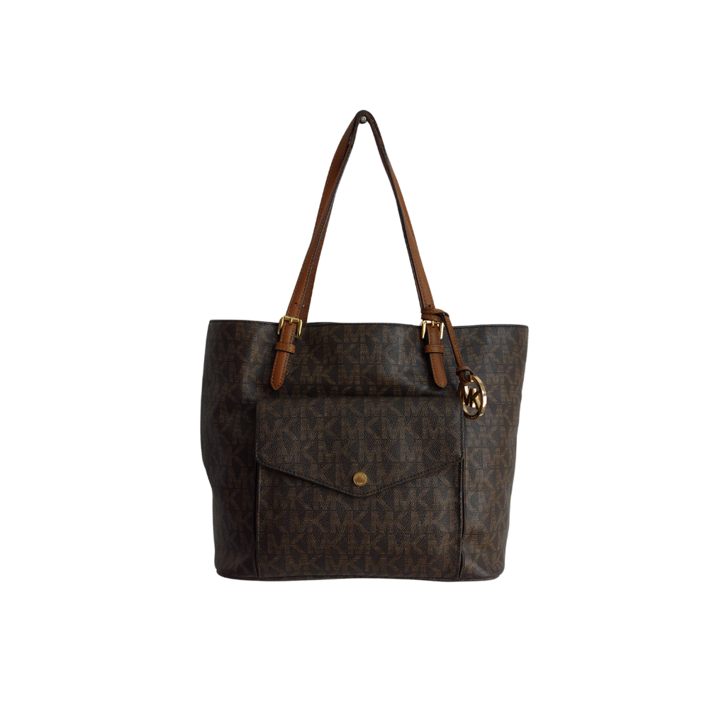 Michael Kors Signature Brown Leather Jet Set Front Pocket Tote Bag | Pre Loved |