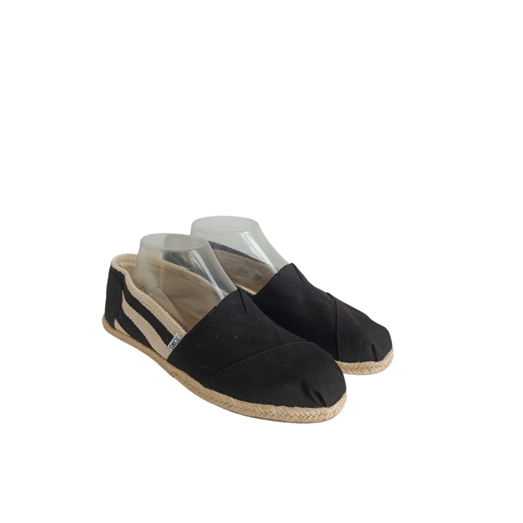 TOMS Black Stripe Classic Slip On Canvas Espadrilles | Brand New |