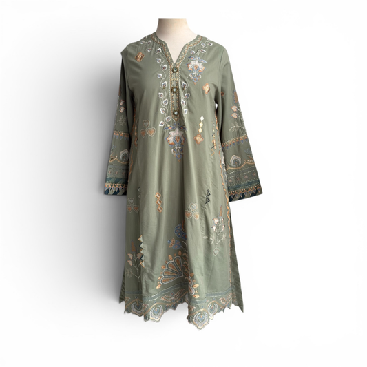 Ethnc Green with Multicolored Floral Embroidered Outfit (2 Piece) | Brand New |