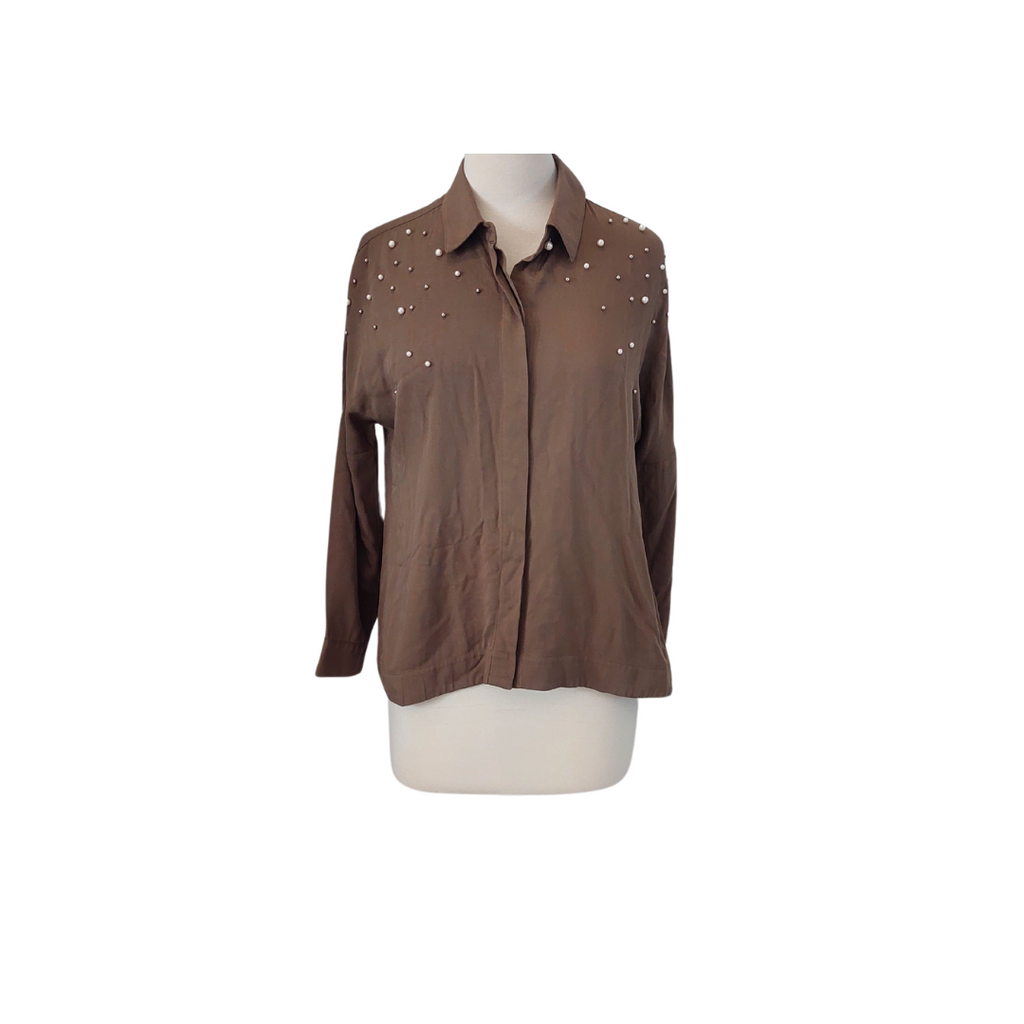 ZARA Khaki Pearl Embellished Collared Shirt | Gently Used |