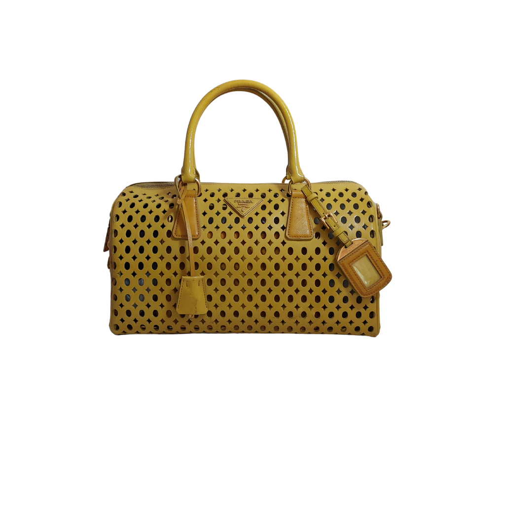 Prada Yellow Perforated Leather Tote with Wristlet | Pre Loved |