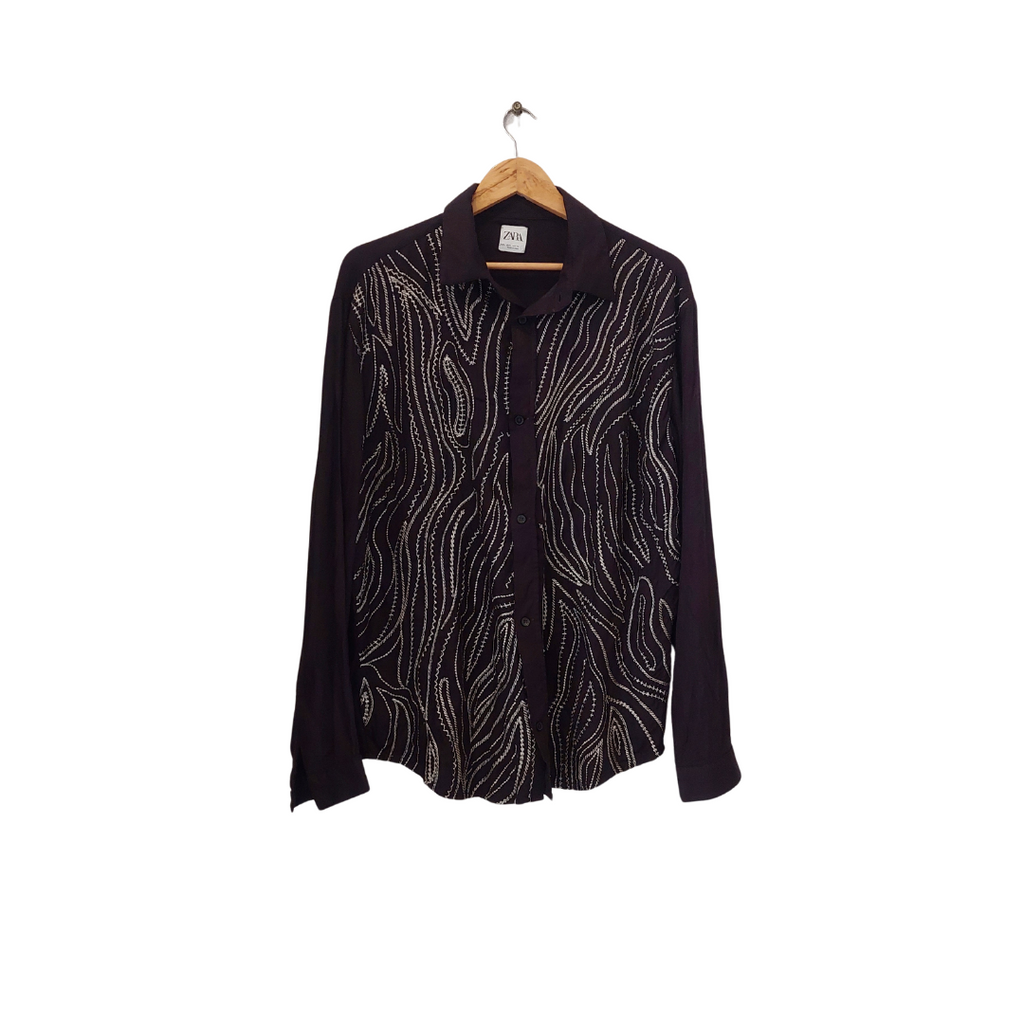 ZARA Men's Black & Silver Embroidered Party Shirt | Gently Used |