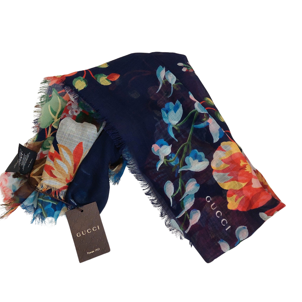 Gucci Navy Floral 100% Lana Wool Josephine Shawl | Brand New |