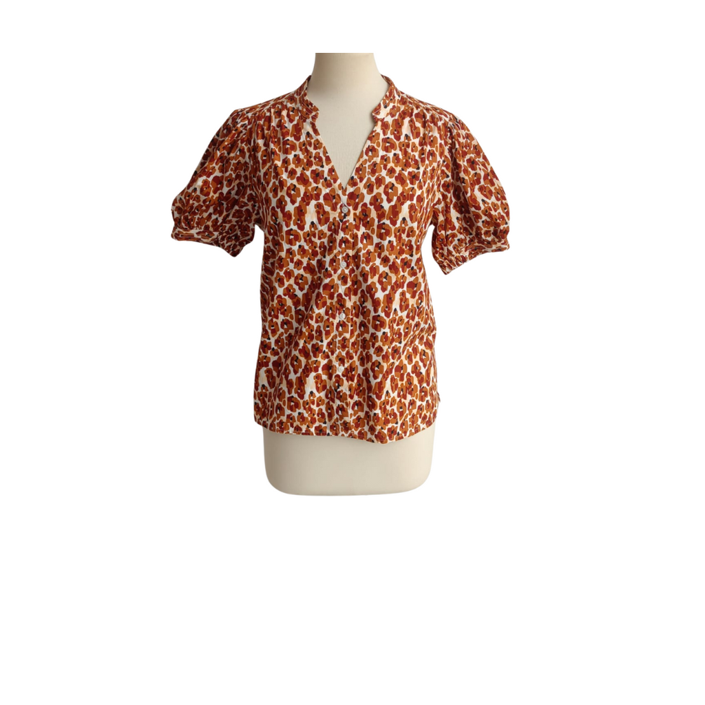 Nine West Brown Print Puff Sleeves Button Down Shirt | Like New |