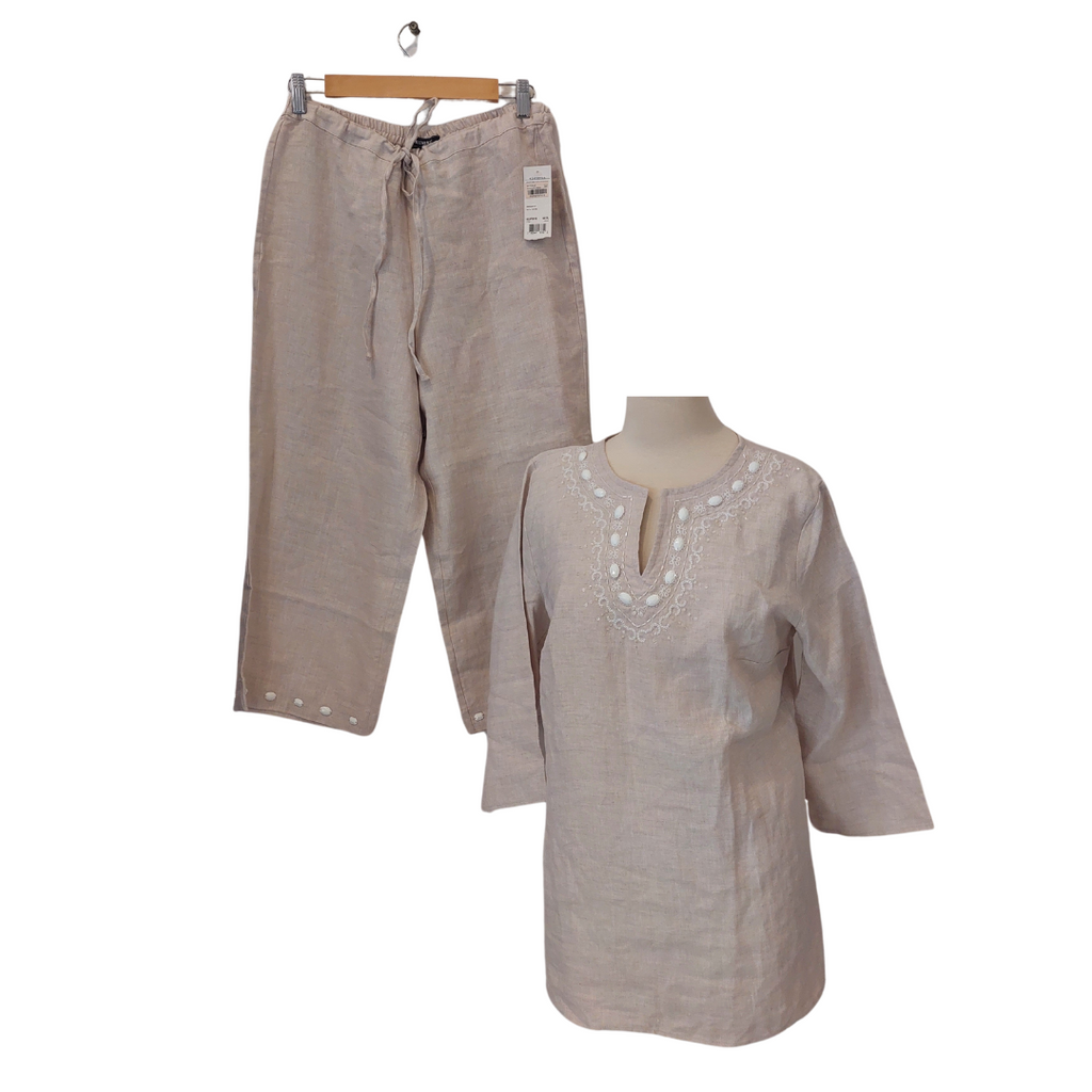 Elementz Beige Linen Embroidered Tunic Set | Brand New |