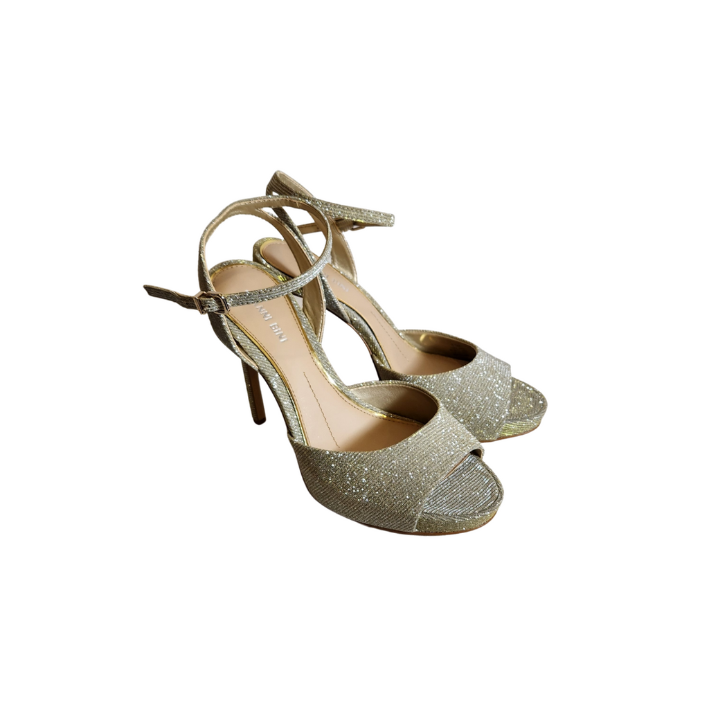 Gianni Bini Silver & Golden Glitter Peep-toe Ankle Strap Platform Heels | Like New |