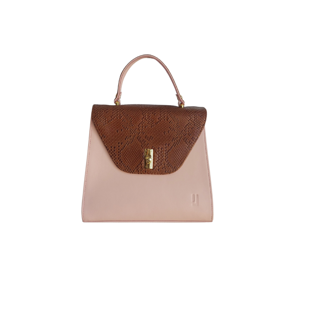 Jafferjees Pink & Brown Snake Print Leather Top Handle Satchel Bag | Gently Used |
