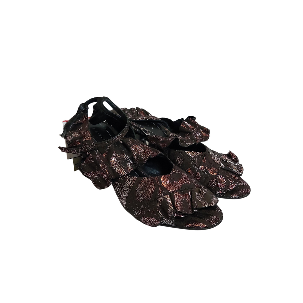 ZARA Metallic Pink & Black Leather Frill Block Heels | Brand new |