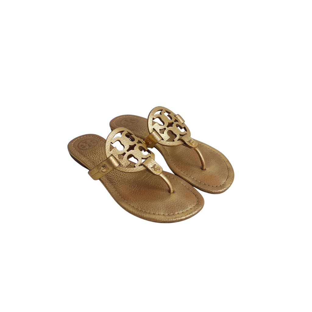 Tory Burch Gold Tumbled Metallic Leather Miller Sandals | Pre Loved |