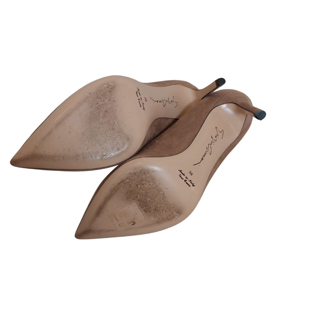 Giorgio Armani Nude Suede Asymmetrical Top Line Court Shoes | Pre Loved |