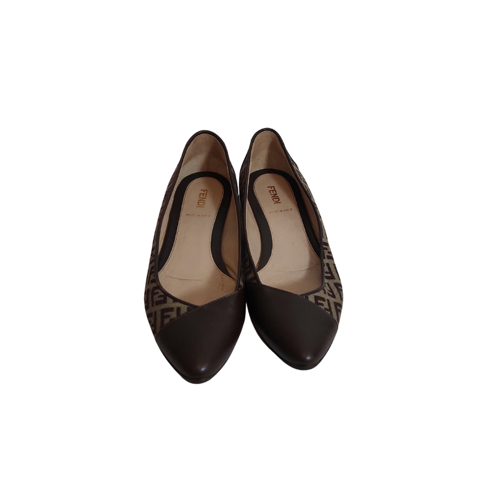 Fendi Brown Zucchino Leather And Canvas Ballet Flats | Pre Loved |