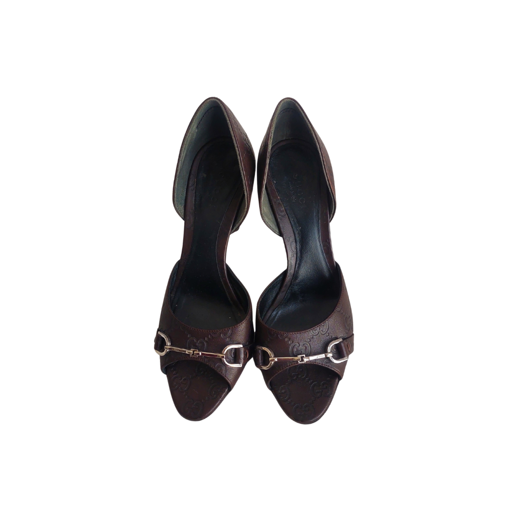 Gucci Brown Guccissima Leather Horsebit D'orsay Peep Toe Pumps | Pre Loved |
