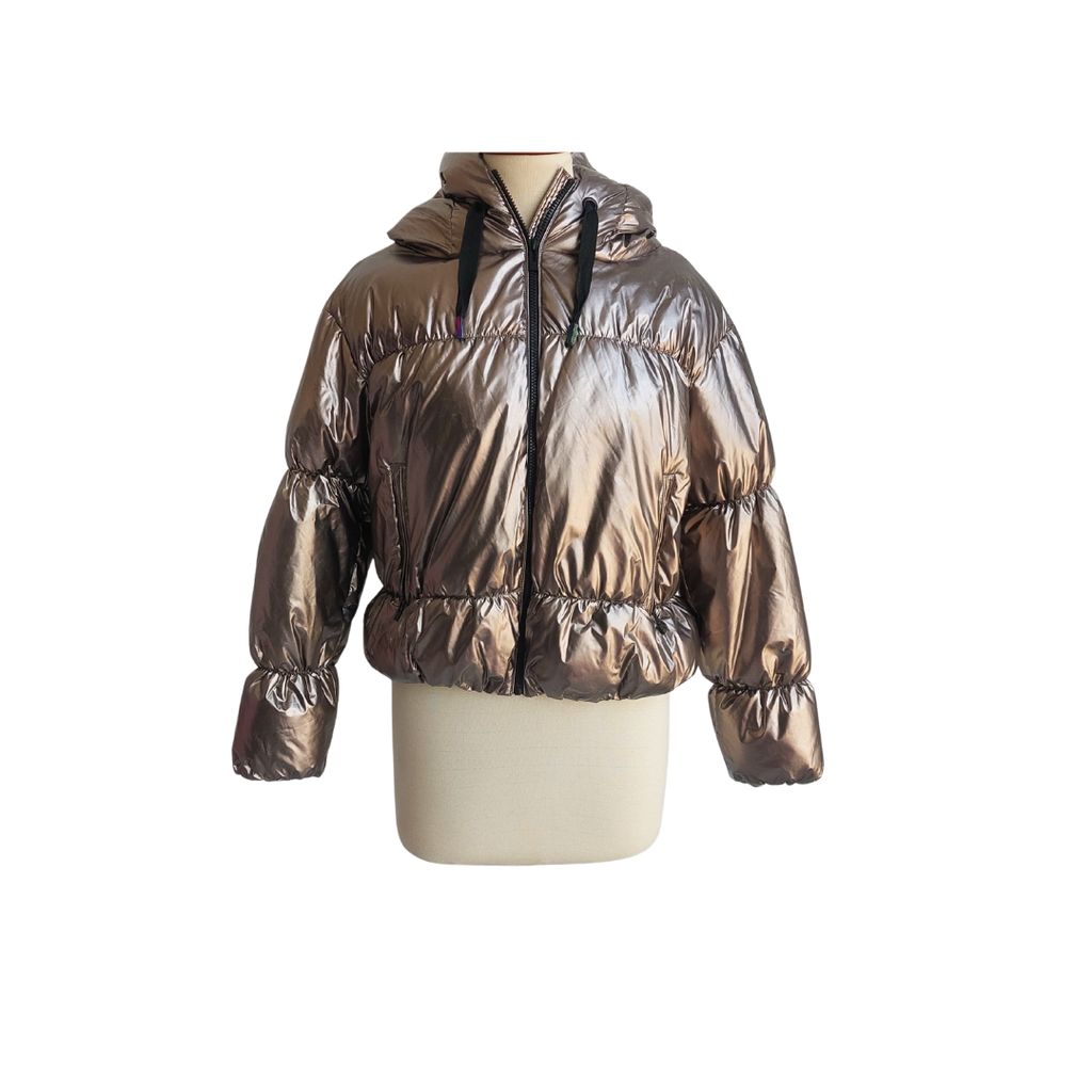ZARA Taupe Metallic Hooded Puffer Jacket | Gently Used |