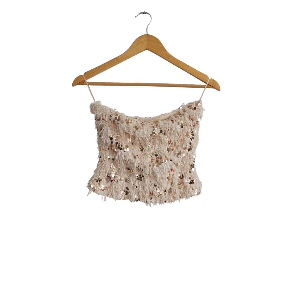 ZARA White Fur & Gold Sequins Tube Top | Brand New |