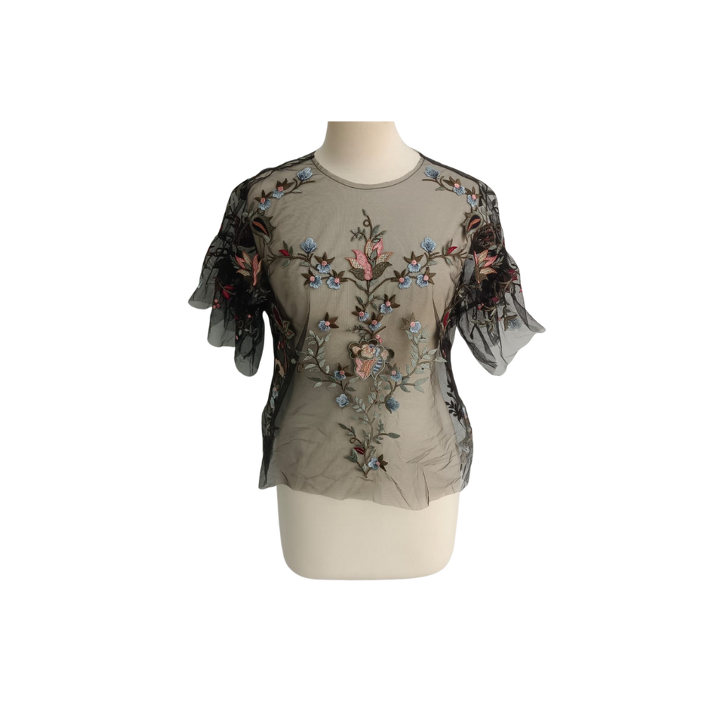 Zara Black Sheer Net Floral Embroidered Top | Brand New |