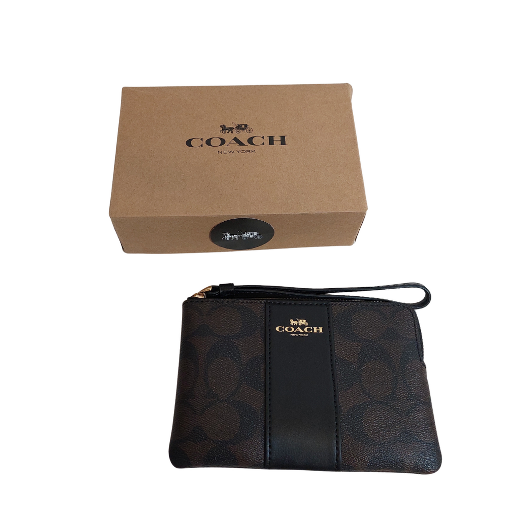 Coach Black & Brown Signature Corner Zip Wristlet | Brand New |