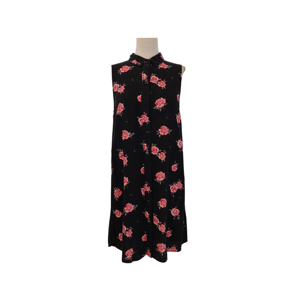 H&M Black & Pink Rose Print Collared Sleeveless Long Top | Pre Loved |