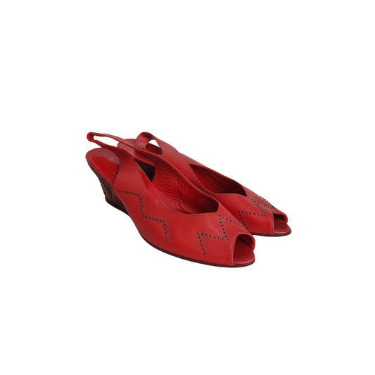 Bruno Magli Red Leather Peep Toe Studded Slingback Wedges | Pre Loved |