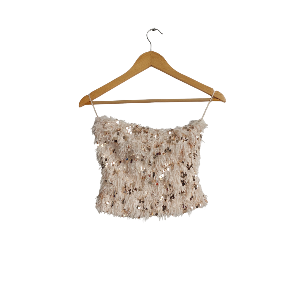 ZARA White Fur & Gold Sequins Tube Top | Brand New |