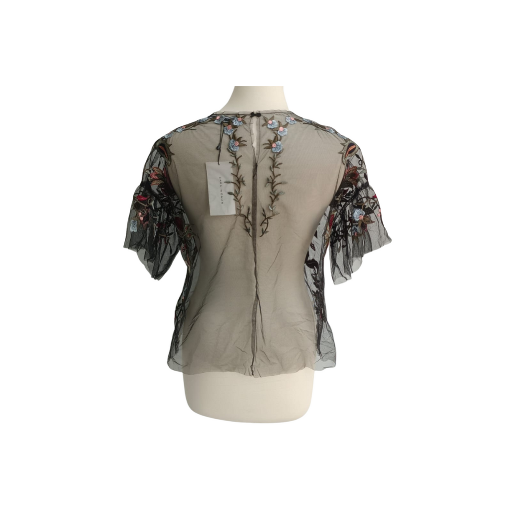 Zara Black Sheer Net Floral Embroidered Top | Brand New |