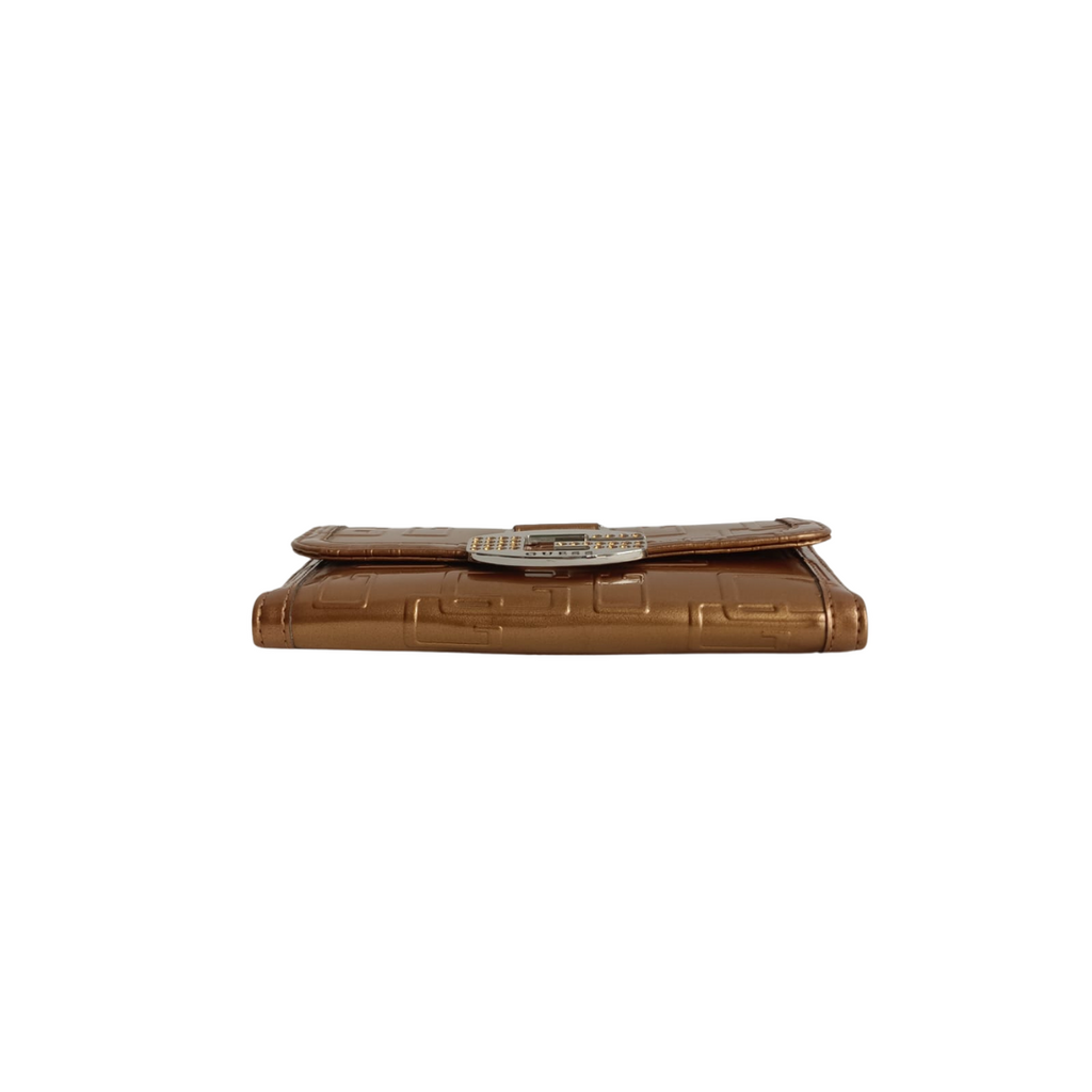 Guess Gold Patent Tri-Fold Monogram Wallet | Brand New |