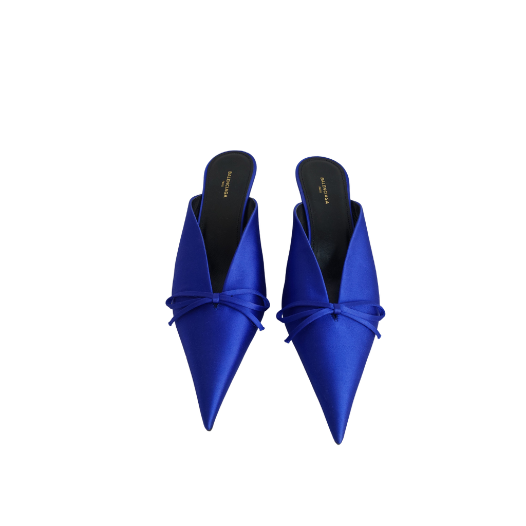 Balenciaga Royal Blue Satin Bow Knife Heel Mules | Brand New |