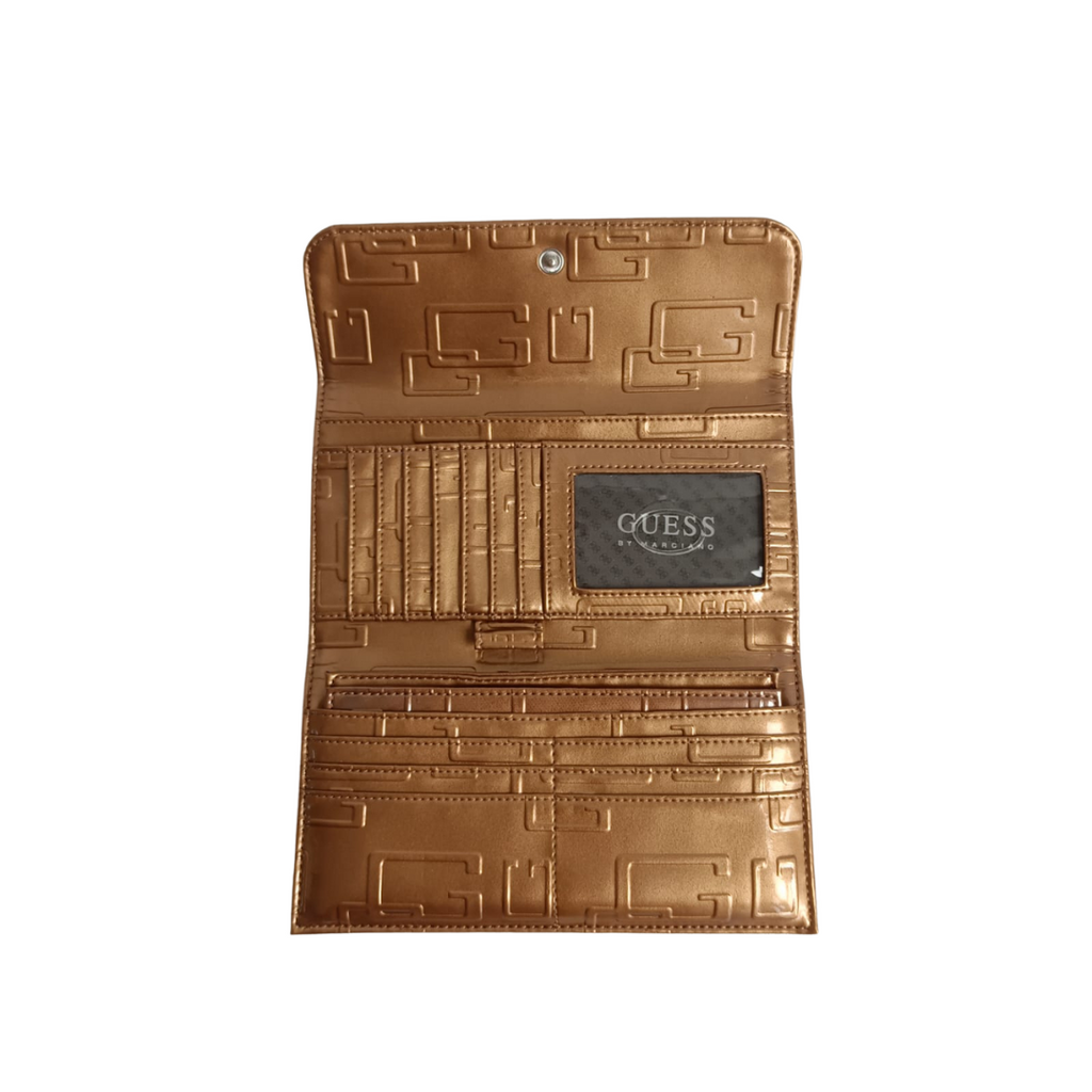 Guess Gold Patent Tri-Fold Monogram Wallet | Brand New |