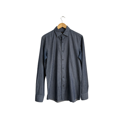 Massimo Dutti Mens Blue And White Micro-Check Collared Shirt | Pre Loved |