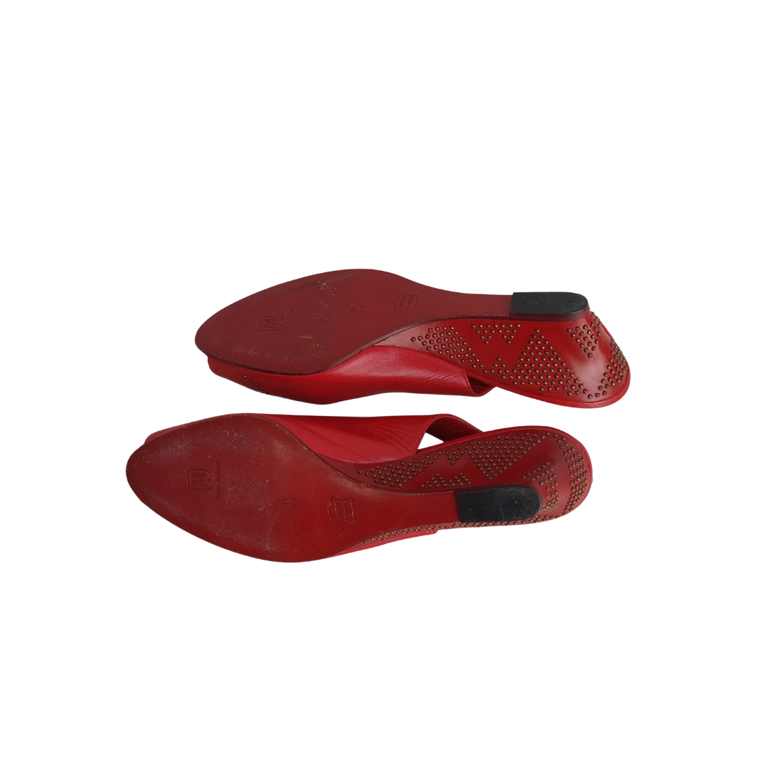 Bruno Magli Red Leather Peep Toe Studded Slingback Wedges | Pre Loved |
