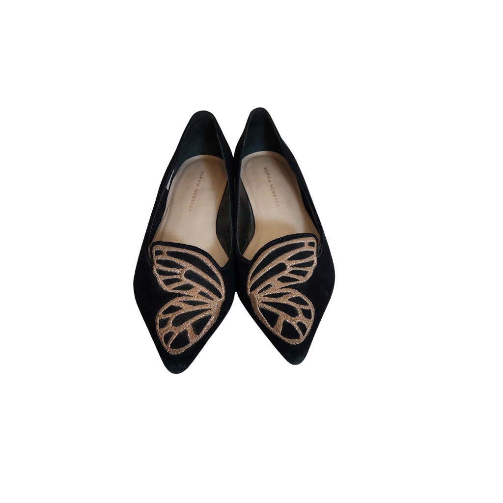 Sophia Webster Black Suede 'Bibi' Butterfly Ballerina Flats | Pre Loved |