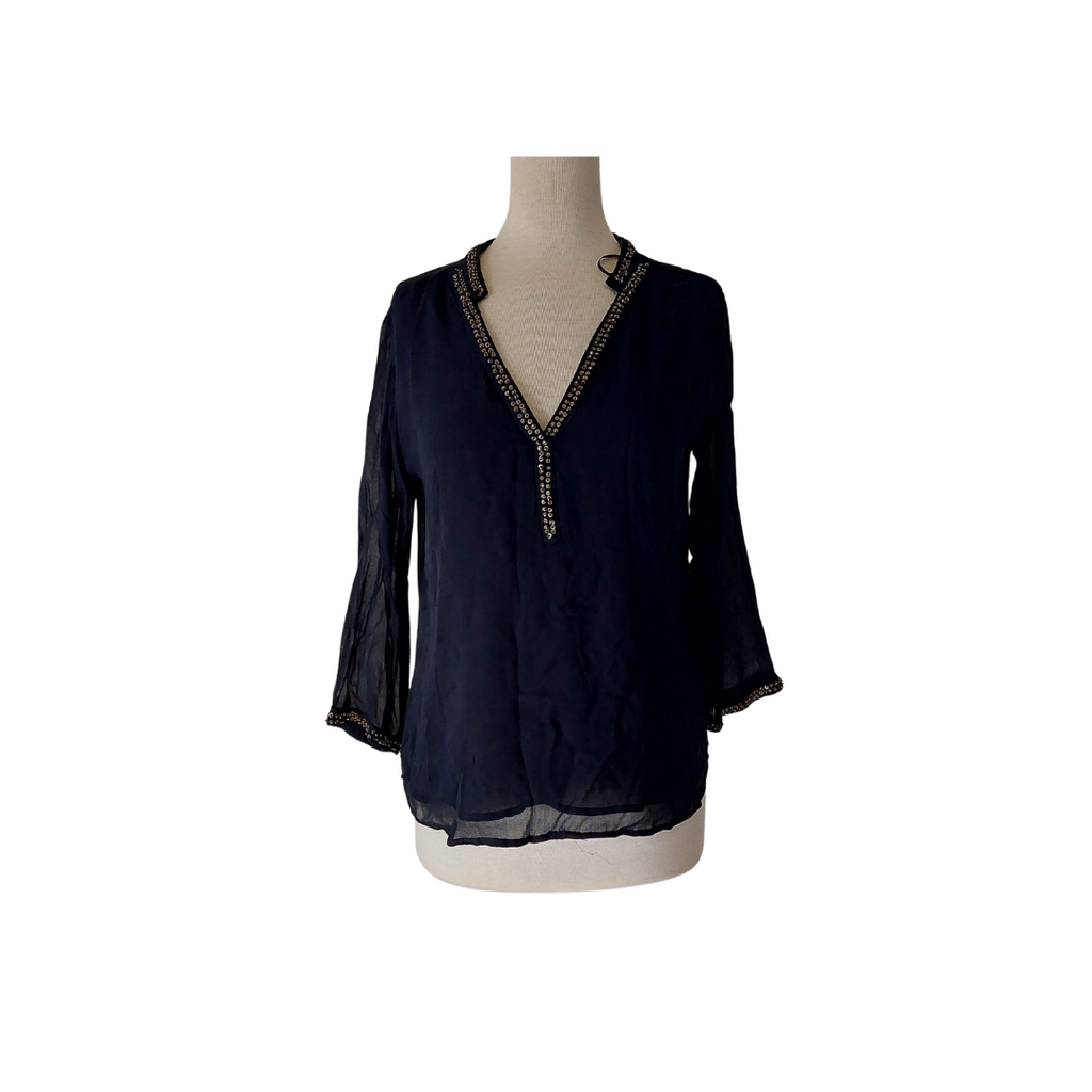 ZARA Navy with Gold Beads Sheer Top | Gently Used |