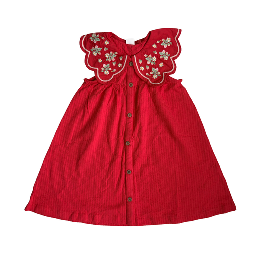 Next Girls Red Embroidered Statement Collar Cotton Summer Dress (4-5 Yrs) | Brand New |