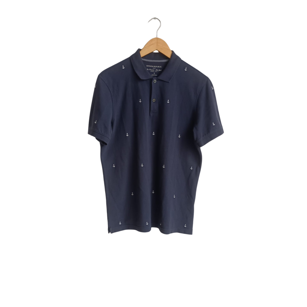Banana Republic Men's Navy Anchor Embroidered Polo Shirt | Pre Loved |