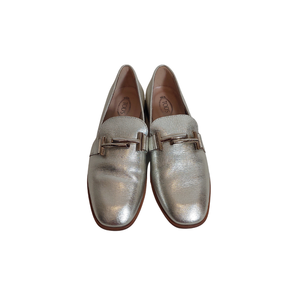 Tod's Metallic Silver Leather Double T Loafers | Gently Used |