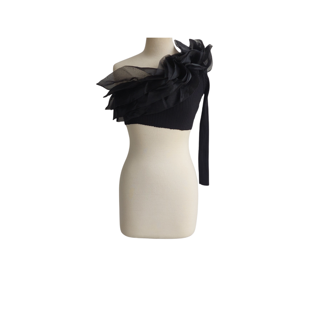 ZARA Black Ribbed One-Shoulder Ruffle Detail Crop Top | Brand New |